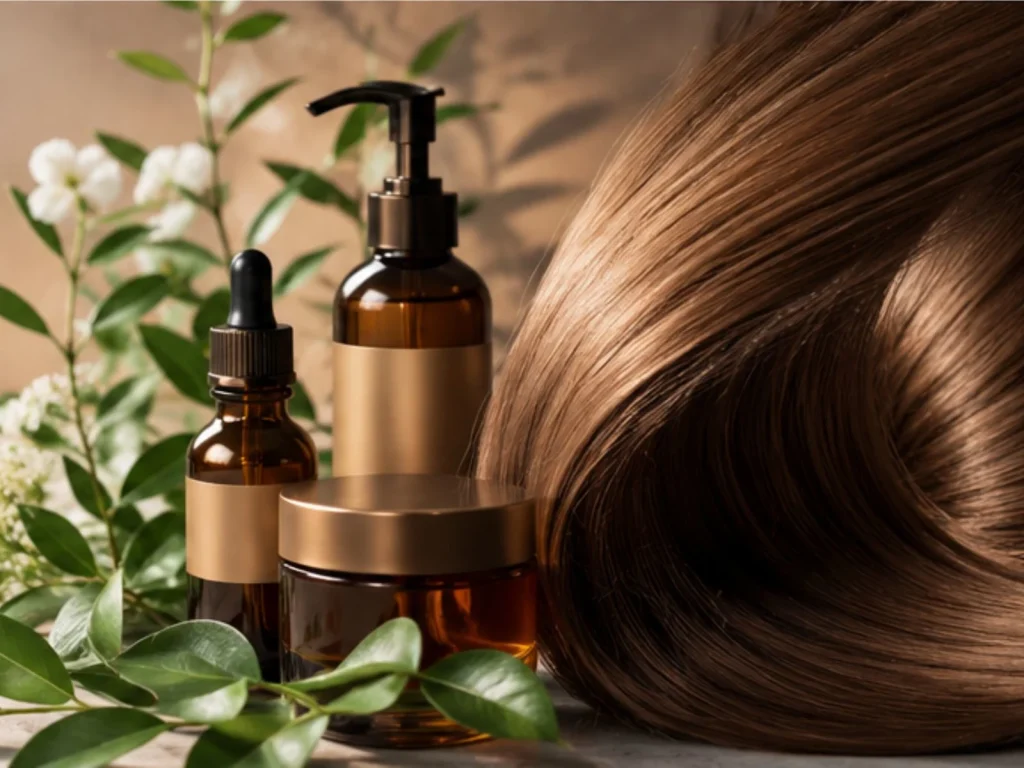 Produtos-premium-para-tratamento-capilar-ao-lado-de-cabelo-saudavel-e-iluminado-em-clinica-estetica-sofisticada