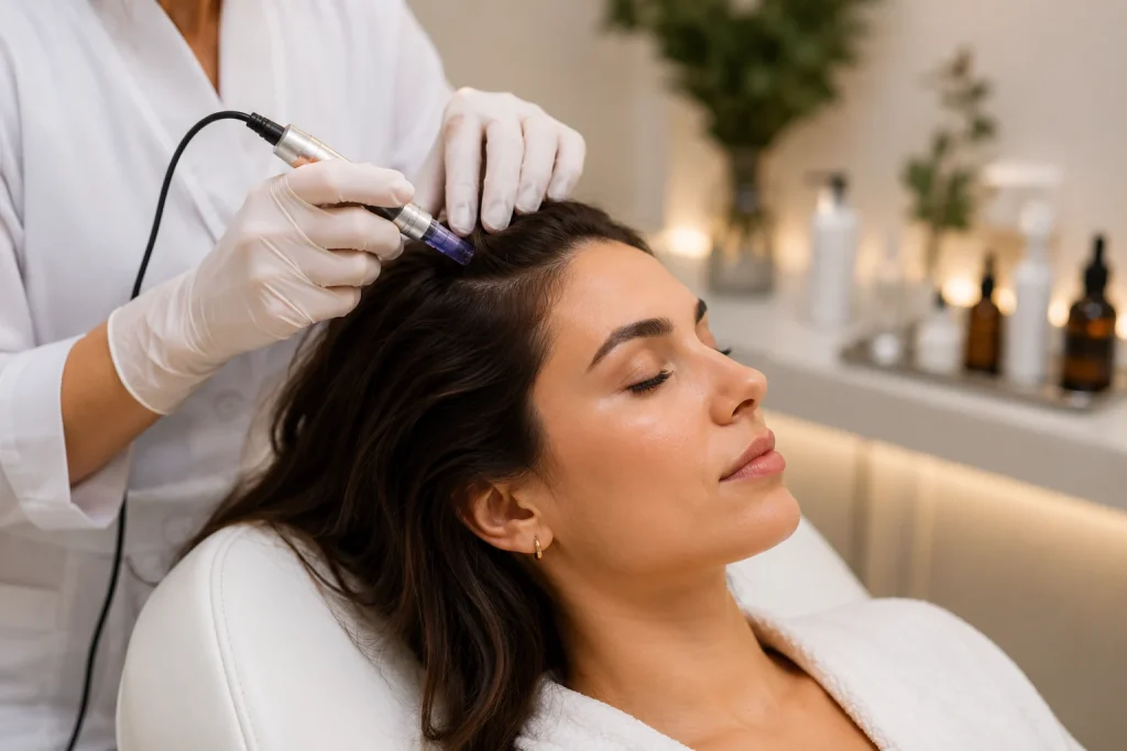 Tratamento-capilar-premium-em-clinica-estetica-com-aplicacao-no-couro-cabeludo-e-paciente-relaxando-durante-procedimento-em-Sao-Jose-do-Rio-Preto